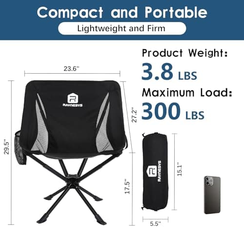 Raynesys 1 Pack Portable Camping Chair, Flexible 360° Rotation, Easy Carry, 8 Seconds Quick Setup Folding Camping Chair, 3.8Lb Lightweight Folding Chairs for Hiking, Beach, Sporting, Travel