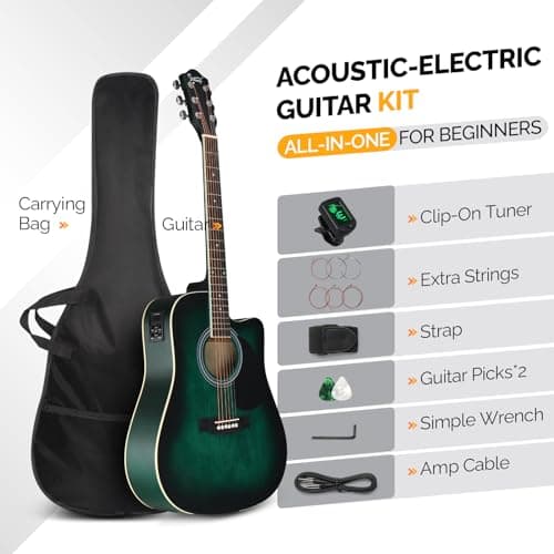 GLARRY Full Size 6 Strings Acoustic Electric Guitar Beginner Kit, Cutaway 41 Inch Electric Acoustic Guitar w/Inbuilt Tuner, Bag, Strap, Picks, Strings, Basswood Guitarra, Matte Distressed Green