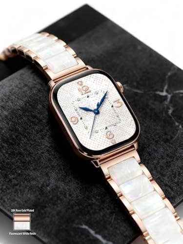 V.R.HOPE Apple Watch Band for Women 38mm 40mm 41mm 42mm Fashion Rose Gold Stainless Steel Metal Strap with Resin Inlay, Fashion Bracelet Compatible with iWatch Series 11/10/9/8/7/6/5/4/3/2/1/SE (Fluorescent White+Rose Gold)