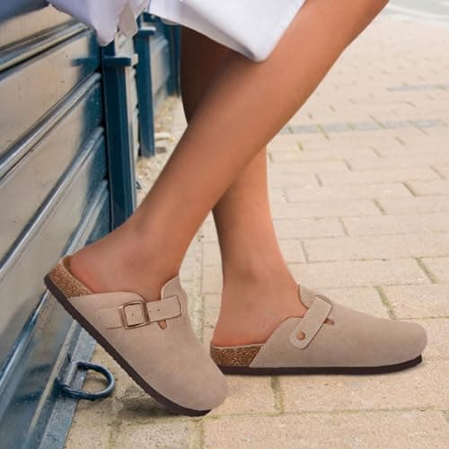 ODOLY Genuine Suede Clogs for Women Men Soft Cork Footbed Leather Mules Comfort Potato Shoes with Arch Support