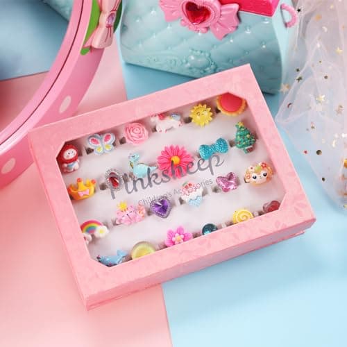 PinkSheep Little Girl Jewel Rings in Box, Adjustable, No Duplication, Girl Pretend Play and Dress Up Rings (24 Lovely Ring)