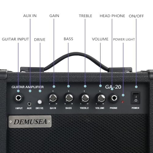 Demusea Electric Guitar Amplifier 20w Guitar Amp Practice Small Portable Travel Mini with Headphone Jack Aux Distortion Gain Treble Bass Volume Jack with 3 Meters Cable Audio Adapter Guitar Picks