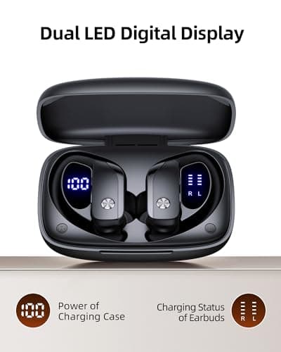bmanl Wireless Earbuds Bluetooth Headphones Over Ear Hooks Ear Buds with 80H Playtime, LED Power Display, Dual Mic Clear Calls, Sports Wireless Ear Buds Bluetooth Earbuds for Running Gym Workout Black