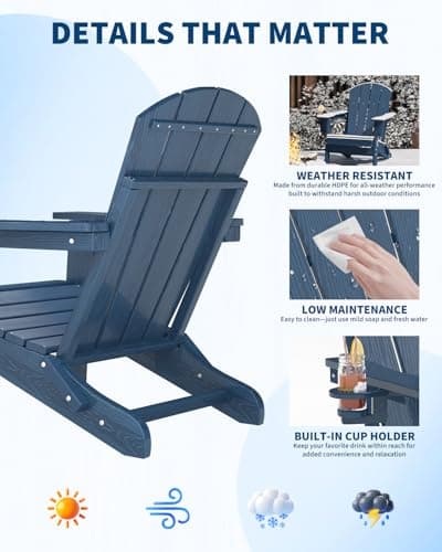 GarveeLife Folding Adirondack Chair Set of 2 with Side Table, All-Weather HDPE Outdoor Chair, Wooden Textured with Cup Holder for patios, Decks, Gardens, fire pits, Navy Blue