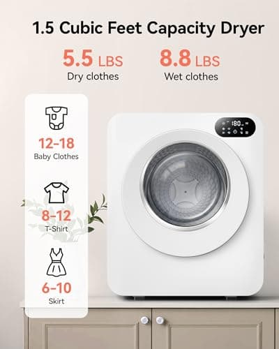 Euhomy 1.5 Cu.Ft Portable Clothes Dryer, 850W Clothes Dryer with Stainless Steel Drum, 4 Functions, LED Control, Drying Machine for Apartments, Laundry, Dorm, Small Space, White