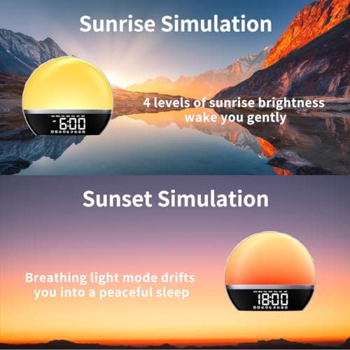 SoundLegend FM Radio Sunrise Alarm Clock Sound Machine Wake-Up Light Sunrise Sunset Simulation Adjustable Volume Brightness Sleep Aid 13 Colors 23 Sounds 28 Tunes Snooze Dual Alarm 4 Timers