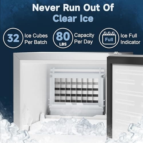 Coolski Under Counter Ice Maker Machine, Stainless Steel Built-in Freestanding Ice Maker for Commercial & Home Use, 80 Lbs/Day, 30 Lbs Storage, Self Cleaning, Thicknesses Adjustable