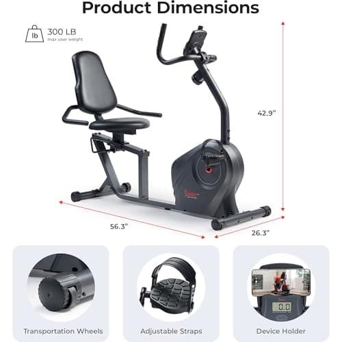 Sunny Health & Fitness Smart Heavy-Duty Recumbent Bike w/Wide Cushioned Seat & Back, Indoor Cycling Machine for Adult/Seniors Home Exercise, Free SunnyFit App Connect, Optional Workout Training Bands
