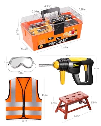 Deejoy Tool Set with Tool Box & Electronic Toy Drill, Pretend Play Kids Construction Kits for Kids Ages 3-5 Years Old, Toddler Boy Toys(Orange)