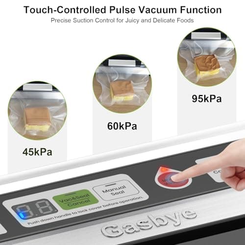 Gasbye Vacuum Sealer Machine, 95kPa Food Sealer with Double Heat Seal for Dry/Moist Food, Easy-lock Handle, Built-in Bag Storage & Cutter, Progress Display, Removable Drip Tray, Silver