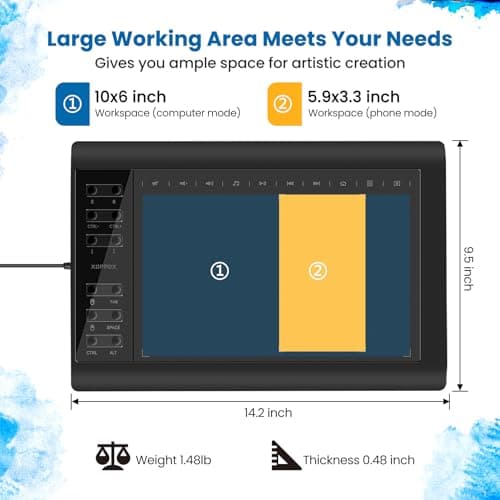 XOPPOX Graphics Drawing Tablet, 10×6 Inch Large Active Area with Battery-Free Stylus, 8192 Levels of Pen Pressure and 12 Hot Keys, Compatible with PC/Mac/Android for Painting, Design & Online Teaching
