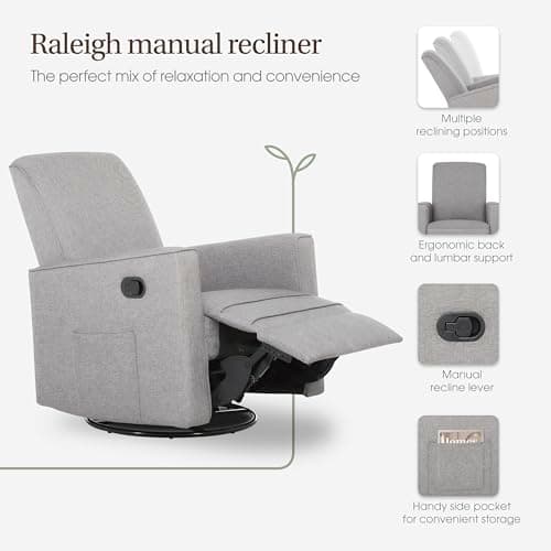 Evolur Raleigh Upholstered Manual Glider Recliner– Rocking & 360° Swivel with Smooth Glide – Greenguard Gold & FSC Certified – Modern Nursery and Living Room Chair in Light Grey