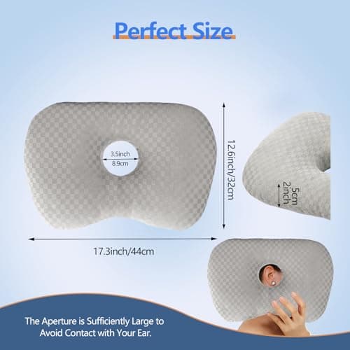 Swaycy Ear Piercing Pillow with an Hole for CNH and Ear Pain Inflammation Pressure Sores for Side Sleepers, Cotton and Polyester Side Sleeper Pillow, Washable and Adjustable Ear Guard Pillow, Gray