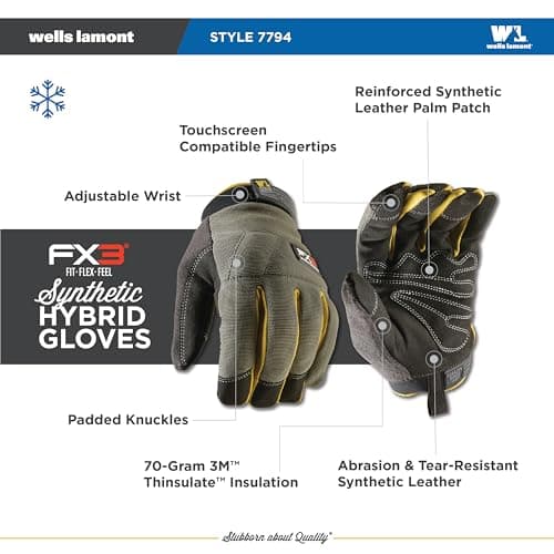 Wells Lamont FX3 Insulated Synthetic Leather Winter Work Gloves for Men – Warm 3M Thinsulate, Fleece-Lined, Touchscreen – Water-Resistant, Reinforced Palm, Adjustable Wrist – Green, Large (7794L)