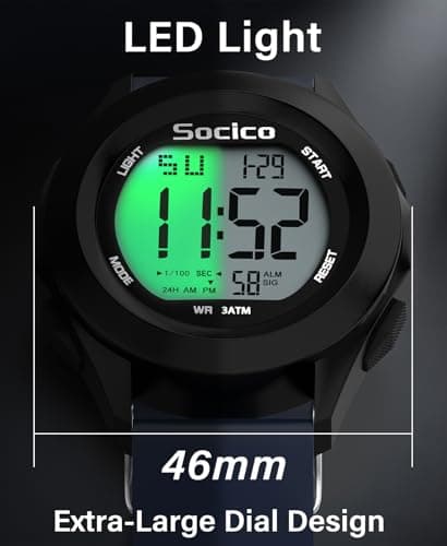 SOCICO Mens Digital Watch Sports Waterproof Outdoor Large Face Military Watches with Stopwatch Back Light Alarm Date Display