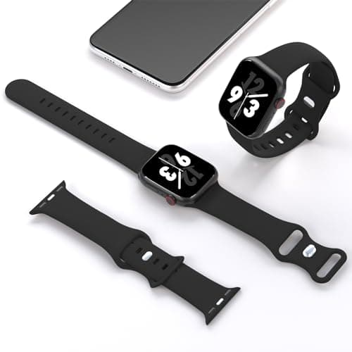 Sport Band Compatible with Apple Watch 38mm 40mm 41mm 42mm 44mm 45mm 46mm 49mm, Replacement Soft Silicone Strap Wristbands for iWatch Series 10/9/8/7/6/5/4/3/2/1 Ultra SE Women Men, Black