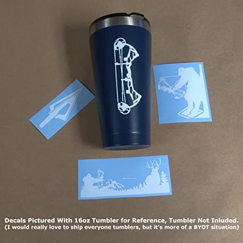 Bow Hunting Decal 4 Pack: Compound Bow, Tree Stand, Arrow Head, Hunting Scene Decals (Small ~3.5", White)