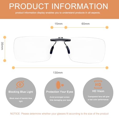 FONHCOO Clip on Blue Light Blocking Glasses Womens Mens over Prescription Glasses Frameless Lens Anti Eyestrain Headaches