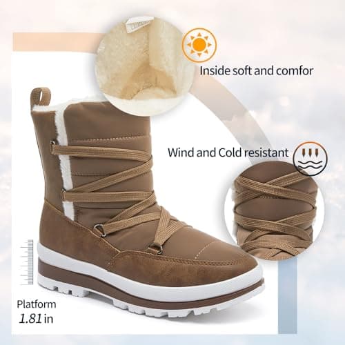 Rominz Women's Winter Snow Boots - Waterproof Black Fur Lined Warm Mid Calf Non-Slip Ankle Boots - White Lace-Up Platform
