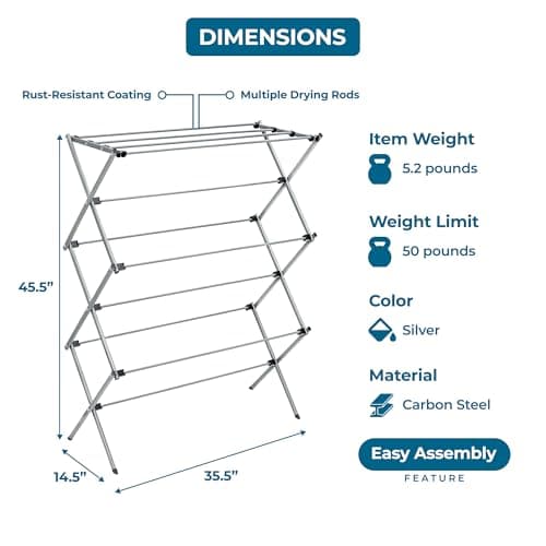 Honey-Can-Do Collapsible Laundry Drying Rack, Sturdy Steel, Foldable & Portable Clothes Drying Rack, Space-Saving Design, Indoor & Outdoor Drying, Ideal for Laundry Room 50lb Capacity, Silver