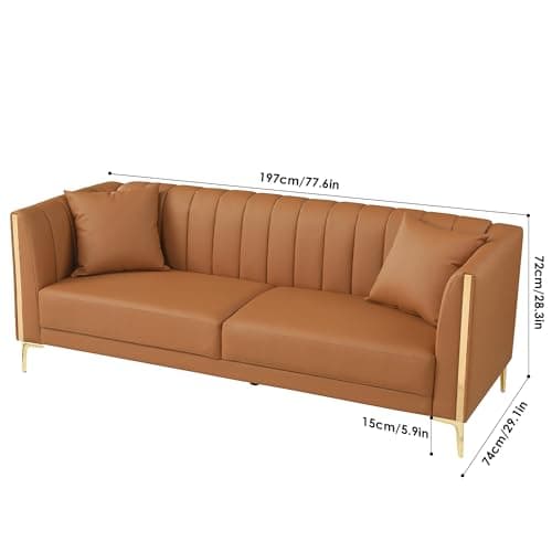 FOTOSOK 78'' Couch Sofa, Modern Leather Couches for Living Room, Comfy, Faux Leather Sofa 3 Seater Sofa with 2 Throw Pillows and Gold Metal Legs, Deep Seat Sofas (Brown)