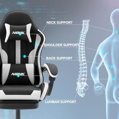 Gaming Chair, Ergonomic Computer Chair with Footrest and Lumbar Support, Height Adjustable Game Chair with 360°-Swivel Seat and Headrest and for Office or Gaming Blackwhite
