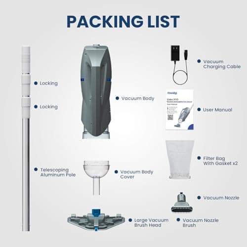 Cordless Pool Vacuum for Above Ground Pool with Telescopic Pole, 18.5 GPM Powerful Suction, Upgraded 60 Mins Runtime, Rechargeable Handheld Pool Cleaner with 2 Brush Heads for Inground Pools