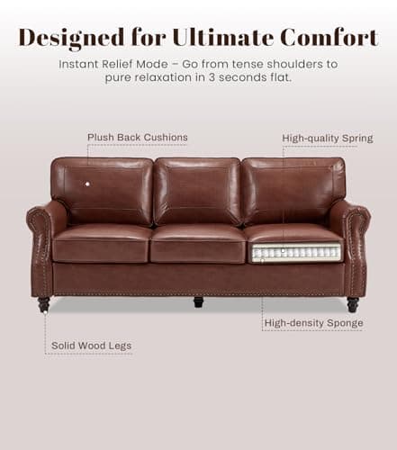 Kingfun Mid-Century Modern Couch, Faux Leather Sofa, 3 Seater Couch for Living Room with Rolled arms & Nailhead Trim, Dark Coffee