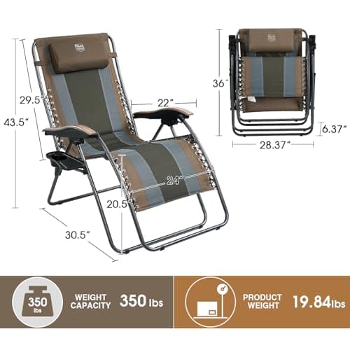 Timber Ridge Oversized Zero Gravity Chair, Padded Reclining Lounge Chair with Adjustable Headrest & Cup Holder, Heavy Duty Support 350 lbs, Foldable for Camping, Lawn, Outdoor & Indoor