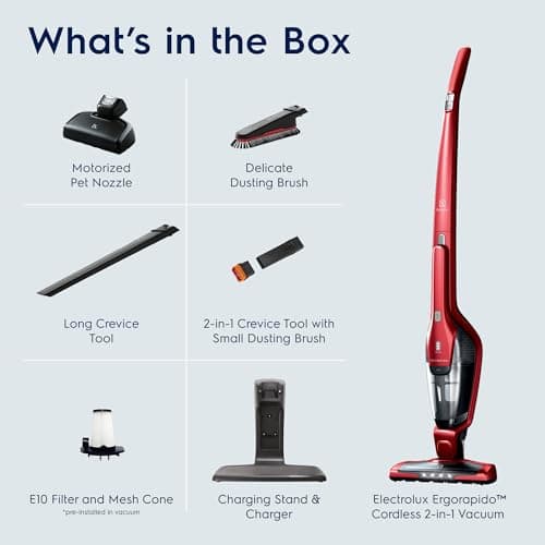 Electrolux Ergorapido Pet Cordless 2-in-1 Vacuum Cleaner with Motorized Pet Nozzle for Easy Pet Hair Removal, 48-Minute Run Time, 2 Power Modes, Chili Red
