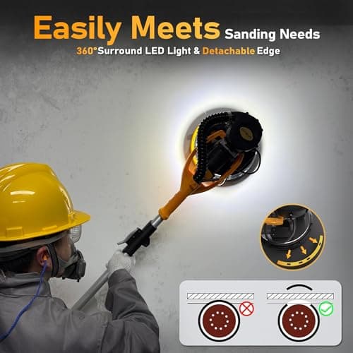 GEVEELIFE Drywall Sander, 880W Popcorn Ceiling Removal Tool, Drywall Sander with Vacuum Dust Collector, 5 Variable Speed 1000-2100RPM, LED Light, Foldable & Extendable Handle, 12 Sanding Discs