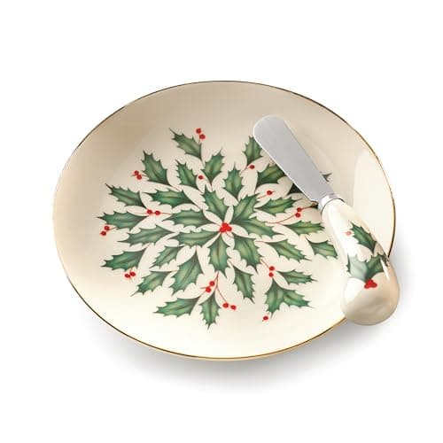 Lenox Serveware, Hosting The Holidays Cheese Plate & Knife Set, Service for 1, Ivory Porcelain, Dishwasher Safe, 6.75 Inch Diameter, Christmas Decorations, Christmas Decor (White/Green/Red, 2 Pieces)