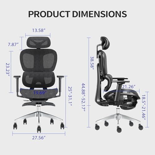 PatioMage Ergonomic Office Chair with Footrest, Big and Tall Desk Chair with Adjustable Lumbar Support, Seat Depth & 3D Armrests, High Back Mesh Computer Chair for Home Office, Black