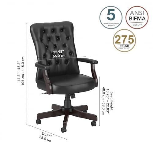 Bush Business Furniture Arden Lane High Back Tufted Office Chair with Arms in Black Leather, Comfortable Computer Desk Seating for Home or Professional Workspace
