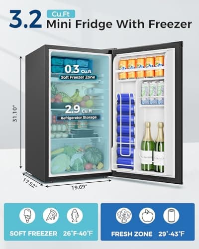 Feelfunn Mini Fridge with Freezer - 3.2 Cu.Ft Single Door Mini Refrigerator with Adjustable Thermostat, Small Fridge for Bedroom, Apartment, Dorm - Black