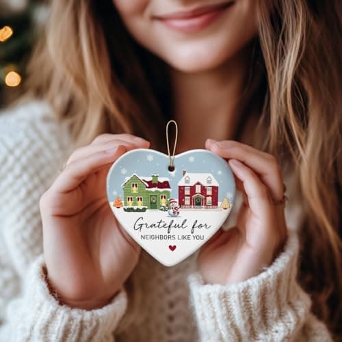 Neighbor Gifts Christmas Ornaments 2025 - Birthday Gifts for Neighbors, Friends, Women, Men, The Neighbors Favor, Christmas Tree Decorations Heart-Shaped Ceramic Ornament