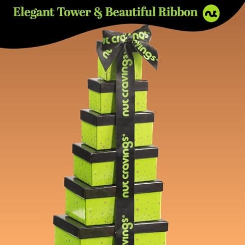 Green Tower + Ribbon, Food Arrangement, Healthy Snack Care Package, Kosher NUT CRAVINGS - Dried Fruit & Mixed Nuts Gift Basket (12 Assortments) B081294WT2