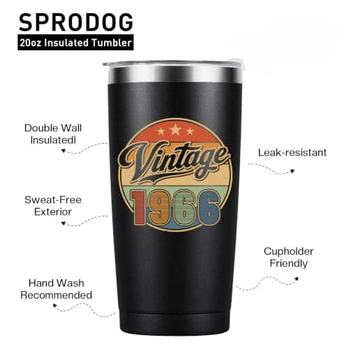 Vintage 1966 20 oz insulated tumbler for a 60th birthday; 18/8 stainless steel, leak-resistant lid, 6h hot/12h cold. 60th Birthday Gifts for Men 20oz Vintage 1966 Tumbler B0HDN44TTW