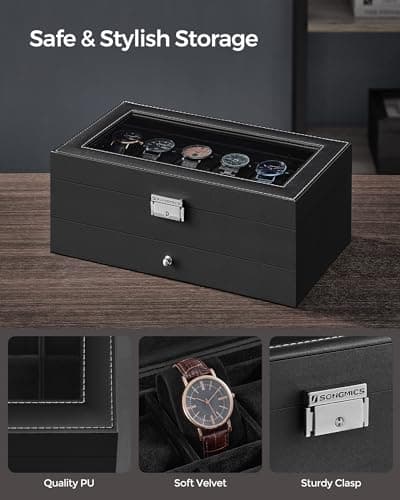 SONGMICS Watch Box, 12-Slot Watch Case Organizer with Large Glass Lid, 2 Layers, Removable Pillows, Metal Lock, Gift for Loved Ones, Black Synthetic Leather, Black Lining UJWB012B03