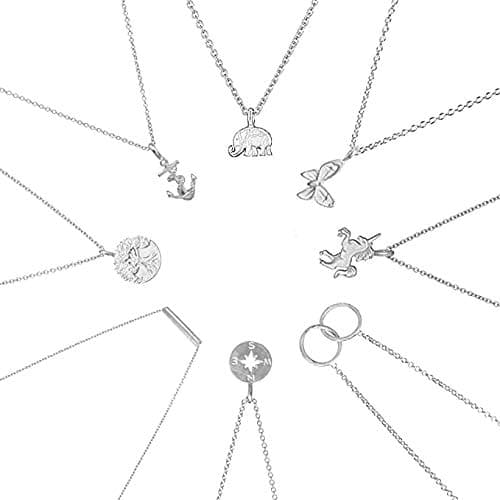 8Pack Friendship Unicorn Necklace Set Good Luck Elephant Pendant Chain Necklace with Message Card Party Favors Birthday for Women (Silver)