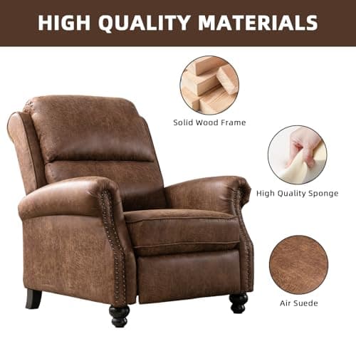IOMOR Push Back Recliner Chair Faux Leather Lounge Armchair with Rivet Decoration Wingback Single Sofa Chair with Padded Seat Solid Wood Legs for Living Room, Chocolate