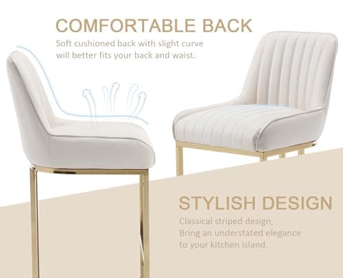 CIMOTA Counter Height Bar Stools Set of 2 with Back Modern Kitchen Counter Stools with Gold Legs Leather Island Chairs Comfy Stripe Barstools for Breakfast Bar, 26 Inch/PU Beige