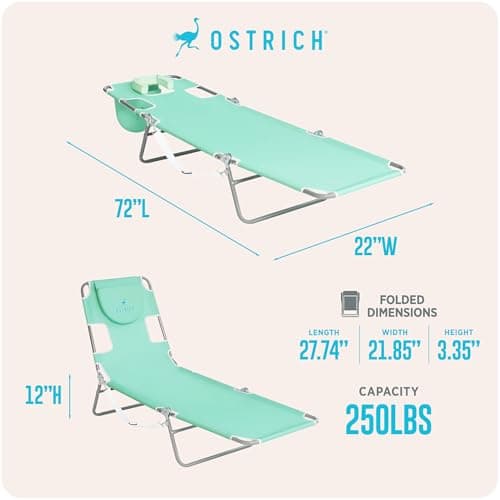 Ostrich the Original Chaise 72 x 22 Inch Lounge Portable Reclining Lounger, Outdoor Patio, Beach, Lawn, Camping, or Pool Tanning Chair, Teal