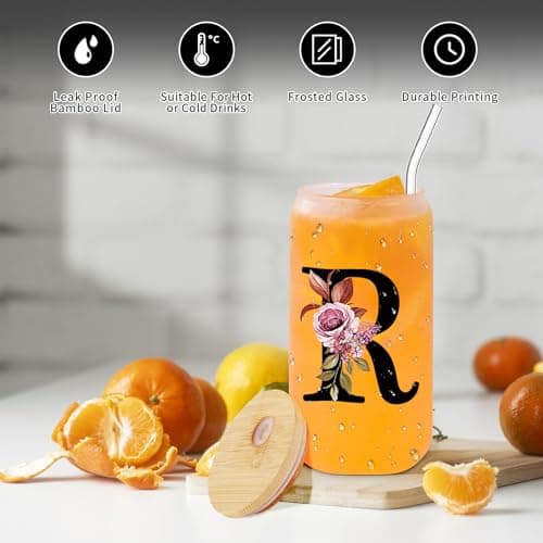 Monogrammed Glass Drinking Cup With Lid Straw Women Happy Birthday Christmas Xmas Day Holiday for Female Teacher Aunt Big Small Sister in Law Mother Stepmother Weding Groom Bride Officiant Gift,R