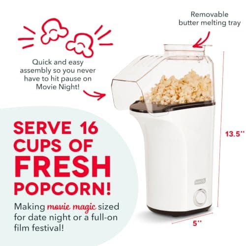 Popcorn Machine, Oil-Free Air Popped Popcorn, Built-In Measuring Cup & Butter Melting Tray, Movie Night Snacks Dash Fresh Pop Popcorn Maker, Electric Hot Air Popper, 16-Cup, White B07NWDSVPP