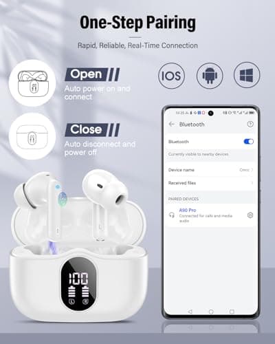 Wireless Earbuds, Bluetooth 5.4 Headphones Bass Stereo, Ear Buds with Noise Cancelling Mic, LED Display in Ear Earphones Clear Calls, IP7 Waterproof Bluetooth Earbuds for Laptop/Phones/Sports, White