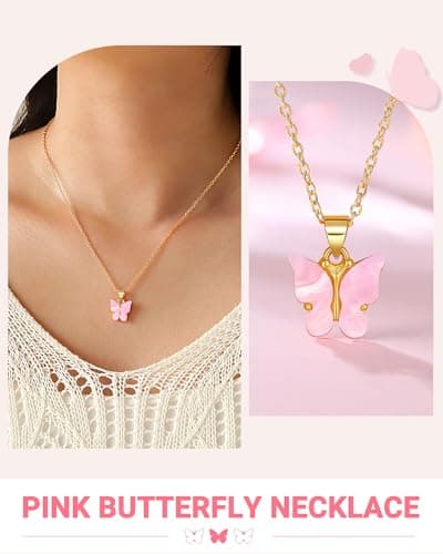 UNGENT THEM Pink Butterfly Necklace-Birthday Gifts for 5-11 Year Old Girl B0DZ6LL4Z9