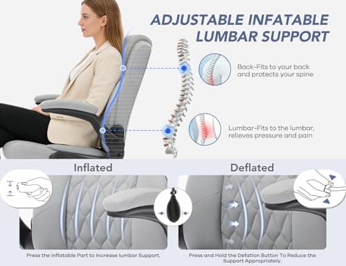 Office Chair with Adjustable Inflatable Lumbar Support,Leather Ergonomic Computer Desk Chair with Flip-up Arms,Adjustable Tilt Lock,Swivel Rolling Executive PC Chair for Work,Study,Meeting.Grey
