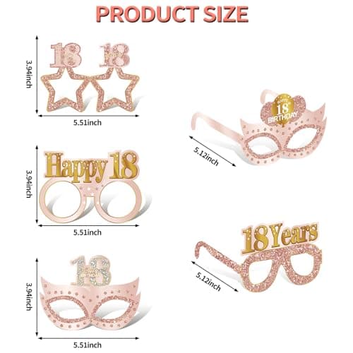 24PCS 18th Birthday Eyeglasses Decorations for Girls, Pink Rose Gold Happy 18th Birthday Paper Eyeglasses Party Supplies, Eighteen Year Old Bday Glasses Decor