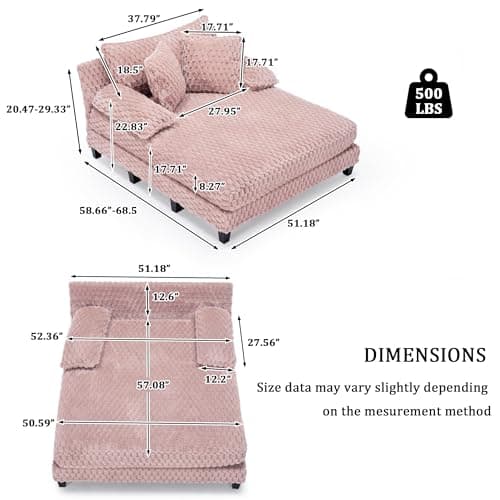 Faux Fur Chaise Lounge Indoor with Adjustable Backrest, 59 Inches Single Sleeper Sofa Chair with 3 Lumbar Pillows, Upholstered Oversized Lounge Chair for Living Room, Bedroom, Office